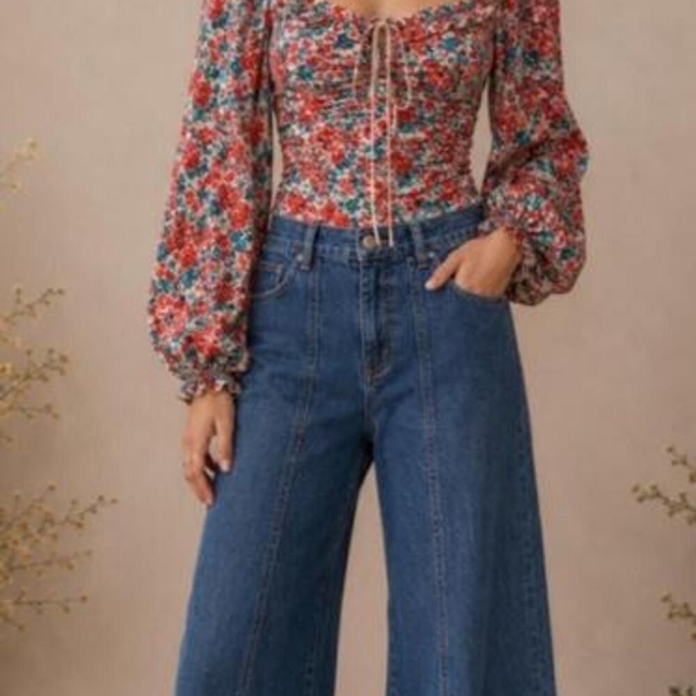 Free People Floral Ruffle Puff Sleeve Blouse Romantic Boho Top XS